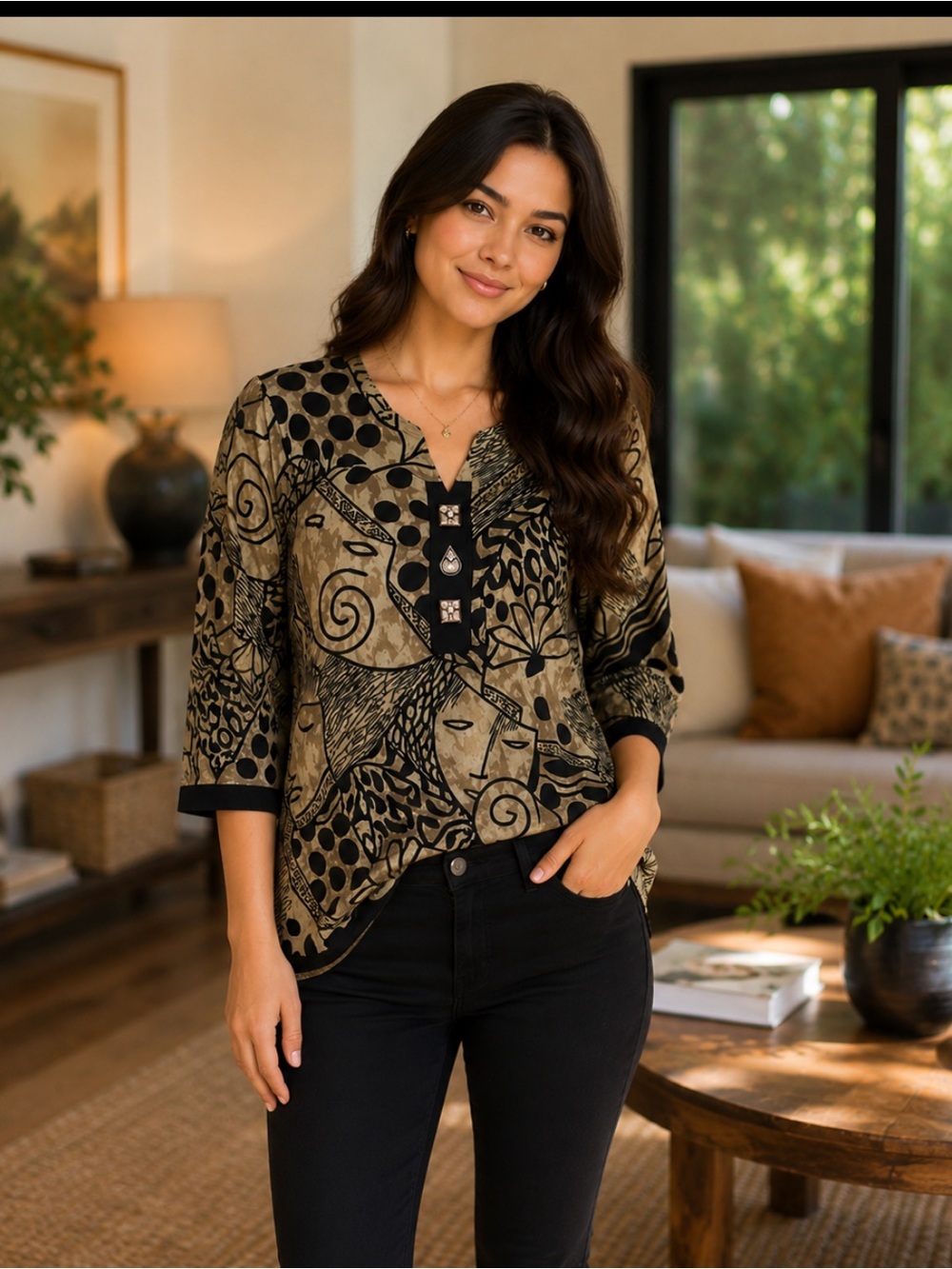 Abstract Print V-Neck Blouse in Black and Tan